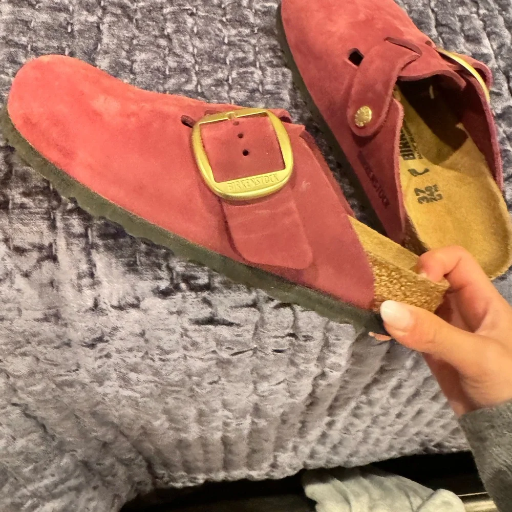 Birkenstock Maroon Suede Boston Clogs with Gold Buckle - Picture 6 of 6